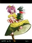  1girl apron bell book boots carrying checkered_clothing cross-laced_footwear dated hair_bell hair_ornament japanese_clothes knee_boots lace-up_boots letterboxed motoori_kosuzu namauni one_leg_raised pink_hair red_eyes simple_background solo touhou twintails white_background 