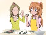  2girls apron blue_eyes blush_stickers brown_hair eating hair_bobbles hair_ornament haiteku houjou_hibiki long_hair minamino_kanade multiple_girls orange_hair precure rice suite_precure 