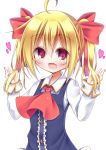  1girl :d ahoge alternate_hairstyle ascot blonde_hair bow esureki fang hair_bow hair_ribbon looking_at_viewer open_mouth red_eyes ribbon rumia smile solo touhou twintails 