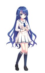  1girl belt black_belt black_shoes blue_eyes blue_hair blue_socks breasts buttons closed_mouth dot_nose double-breasted dress full_body futaba_shiho highres interlocked_fingers izumi_tsubasu kneehighs long_hair long_sleeves looking_at_viewer medium_breasts mole mole_under_mouth official_art own_hands_together re:stage! sailor_collar school_uniform shoes simple_background smile socks solo tachi-e transparent_background very_long_hair white_dress white_sailor_collar 