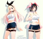  2girls adapted_costume animal_ears arms_at_sides atago_(kantai_collection) black_hair blonde_hair blue_eyes blue_skirt breasts bunny_tail choker cleavage garter_straps hairband highres kantai_collection kemonomimi_mode large_breasts long_hair looking_at_viewer midriff miniskirt multiple_girls off_shoulder rabbit_ears red_eyes ribbon_choker short_hair side_slit skirt tail takao_(kantai_collection) tbd11 thigh-highs zettai_ryouiki 