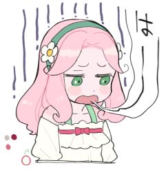 1girl chibi flower frown gloom_(expression) green_eyes hairband hanami_kotoha hayashi_(kanzume) long_hair looking_down mahou_girls_precure! monkey_ears monkey_girl open_mouth pink_hair precure shirt simple_background solo white_background white_shirt