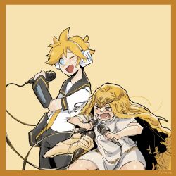  116116116el 2boys blonde_hair blue_eyes border circlet commission curtained_hair elden_ring:_shadow_of_the_erdtree extra_arms gold_circlet headphones highres holding holding_microphone kagamine_len long_hair microphone miquella_(elden_ring) multiple_boys necktie one_eye_closed ponytail sailor_collar short_ponytail signature sleeveless_tunic spiky_hair sweat sweatdrop trait_connection tunic vocaloid white_tunic yellow_background yellow_border yellow_necktie 