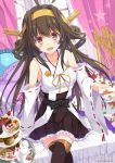  &gt;:d 1girl :d ahoge bed brown_eyes brown_hair cake crossed_legs cup detached_sleeves food hairband highres holding kantai_collection kongou_(kantai_collection) looking_at_viewer nontraditional_miko open_mouth pillow sitting smile solo takanashi_haruto teacup thigh-highs zettai_ryouiki 