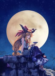  1girl absurdres boots bow bowtie brown_horns closed_mouth commentary_request cup footwear_bow full_body full_moon hair_bow highres holding holding_cup horn_ornament horn_ribbon horns huge_moon ibuki_suika liefeng_dm long_hair moon night night_sky orange_hair outdoors pink_boots purple_ribbon purple_skirt red_bow red_bowtie red_eyes ribbon shirt sitting skirt sky sleeveless sleeveless_shirt smile solo touhou white_shirt 