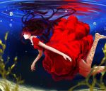  1girl artist_name barefoot black_hair bubble dress floating_hair legs long_hair looking_away mconch original red_dress short_sleeves solo underwater water 