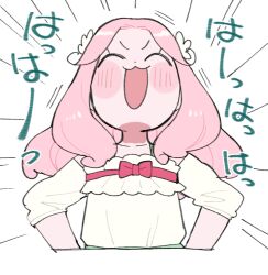 1girl :3 chibi closed_eyes hanami_kotoha hands_on_own_hips hayashi_(kanzume) laughing long_hair mahou_girls_precure! monkey_ears monkey_girl open_mouth pink_hair precure shirt simple_background solo v-shaped_eyebrows white_background white_shirt white_t-shirt