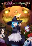  3girls alternate_costume animal_ears ascot bandages bandages_over_eyes blue_eyes blue_hair bow breasts brown_hair cape disembodied_head drill_hair fur hair_bow halloween_costume happy_halloween hat head_fins howaccho imaizumi_kagerou jack-o&#039;-lantern long_hair mermaid monster_girl multiple_girls mummy open_mouth red_eyes redhead sekibanki sharp_teeth short_hair skirt smile star stick touhou v wakasagihime witch witch_hat wolf_ears 