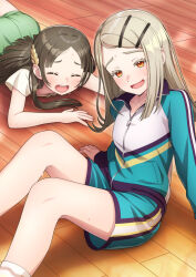  2girls bare_arms bare_legs blonde_hair blush brown_hair closed_eyes collarbone colored_eyelashes commentary exhausted flat_chest furrowed_brow gakuen_idolmaster green_jacket green_shorts hair_ornament hairclip hairpin highres idolmaster jacket kuramoto_china long_sidelocks long_sleeves multiple_girls on_floor open_mouth parallel_hairclips parted_bangs shinosawa_hiro shirt short_sleeves shorts sidelocks sitting skirt socks sweat taba_neruko teeth tongue track_jacket track_suit upper_teeth_only very_sweaty white_shirt white_socks wooden_floor yellow_eyes zipper 
