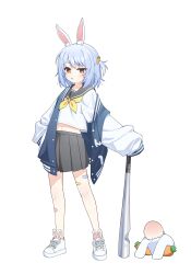  1girl animal_ear_fluff animal_ears bandaid bandaid_on_leg baseball_bat black_sailor_collar black_skirt blue_hair carrot_hair_ornament food-themed_hair_ornament hair_ornament head_bump highres holding holding_baseball_bat hololive implied_violence jacket letterman_jacket looking_at_viewer midriff navel neckerchief one_side_up open_clothes open_jacket parted_lips pekomon_(usada_pekora) pleated_skirt rabbit-shaped_pupils rabbit_ears rabbit_girl sailor_collar school_uniform serafuku shoes short_eyebrows short_hair skirt sleeves_past_fingers sleeves_past_wrists sneakers solo standing symbol-shaped_pupils ugaaaa1 usada_pekora virtual_youtuber white_background white_shoes yellow_neckerchief 