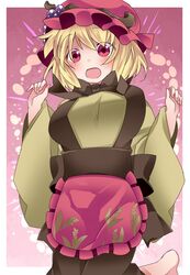  1girl aki_minoriko blonde_hair blush breasts food fruit grapes hammer_(sunset_beach) hat large_breasts looking_at_viewer open_mouth red_eyes short_hair solo touhou 