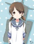  1girl arms_behind_back brown_eyes brown_hair dated kantai_collection looking_at_viewer shirayuki_(kantai_collection) short_hair smile solo wara_(warapro) 