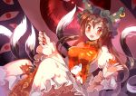  1girl alternate_hair_length alternate_hairstyle animal_ears breasts brown_hair cat cat_tail chen dress fang gap hat large_breasts long_hair long_sleeves looking_at_viewer multiple_tails older red_eyes sketch smile solo tabard tail touhou yetworldview_kaze 