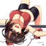  1girl 2014 artist_name bike_shorts breasts brown_hair cleavage dated high_jump looking_at_viewer miton15 open_mouth red_eyes shameimaru_aya short_hair simple_background solo sports_bra touhou white_background 