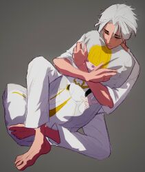  1boy barefoot body_pillow brown_eyes character_pillow commentary curtained_hair gyunyu_(zfg78dvit988834) highres holding holding_pillow hugging_object leaning_back light_frown lin_ling_(to_be_hero_x) male_focus moon_(to_be_hero_x) pillow shirt short_hair sitting to_be_hero to_be_hero_x white_hair white_shirt 