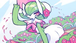  artist_name blue_sky bob_cut bonnet colored_skin dress flower gardevoir gardevoir_(fashionable) green_hair green_skin hair_over_one_eye hat hat_flower highres jea_(voltaej) multicolored_skin petals pink_eyes pink_flower pink_petals pokemon pokemon_(creature) pokemon_unite signature sky two-tone_skin white_dress white_hat white_skin 