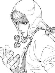  1boy arm_up bell black_sclera closed_mouth colored_sclera commentary_request fingernails greyscale hat hat_bell highres jojo_no_kimyou_na_bouken long_sleeves lower_eyelashes_only male_focus monochrome parted_bangs risotto_nero short_hair simple_background solo twitter_username upper_body vento_aureo white_background yussi_r12 