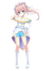  1girl ahoge blue_eyes blue_ribbon blue_shorts boots breasts closed_mouth detached_collar detached_sleeves dot_nose dress full_body gem hair_intakes hair_ornament hair_ribbon hairclip hand_on_own_head hand_on_own_hip hat high_ponytail highres himura_nagisa idol idol_clothes izumi_tsubasu knee_boots long_hair mini_hat mini_top_hat off-shoulder_dress off_shoulder official_art pink_hair pinstripe_pattern pinstripe_skirt ponytail purple_gemstone re:stage! ribbon shorts showgirl_skirt simple_background single_detached_sleeve small_breasts solo swept_bangs tachi-e tilted_headwear top_hat transparent_background white_boots white_dress white_hat white_sleeves 