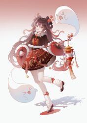  1girl :d absurdres alternate_costume alternate_hairstyle boo_tao_(genshin_impact) brown_hair chinese_clothes chinese_commentary commentary_request dress fashion flower flower-shaped_pupils full_body fur_trim genshin_impact ghost hair_flower hair_ornament highres holding holding_lantern hu_tao_(genshin_impact) lantern long_hair long_sleeves looking_at_viewer open_mouth qian_mu_fei_fire red_eyes shuangyaji smile socks solo standing standing_on_one_leg symbol-shaped_pupils twintails white_socks 