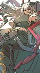  1girl absurdres arknights baggy_pants belt black_horns black_pants black_sports_bra demon_horns hammer highres holding holding_hammer horns jumpsuit kimo_suna leotard looking_at_viewer mudrock_(arknights) mudrock_(rubble)_(arknights) multiple_belts official_alternate_costume open_jumpsuit pants pointy_ears red_eyes sledgehammer solo sports_bra suspenders war_hammer weapon white_background white_hair white_jumpsuit 