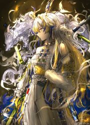  1girl arknights bare_shoulders blonde_hair blue_hair breasts chinese_knot closed_mouth coat colored_extremities colored_skin commentary cowboy_shot dragon dragon_girl earrings eastern_dragon eastern_dragon_horns eastern_dragon_tail expressionless eyeliner from_side grey_hair hair_bun hair_intakes highres jewelry long_hair makeup multicolored_hair multicolored_skin necklace off_shoulder open_clothes open_coat orange_eyeliner pants pointy_ears profile sakutein_oekaki shu_(arknights) small_breasts solo standing strapless streaked_hair tassel tassel_earrings tube_top twitter_username white_coat white_pants white_tube_top yellow_eyes yellow_skin 