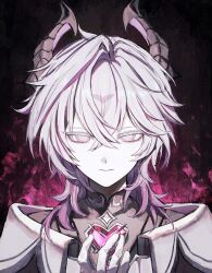  1boy absurdres arm_up chest_jewel closed_mouth collared_shirt commentary_request crossed_bangs double-parted_bangs dragon_boy dragon_horns empty_eyes genshin_impact heart highres horns koumimi looking_at_viewer male_focus medium_hair mini_durin_(genshin_impact) mini_durin_(human)_(genshin_impact) portrait shirt solo 