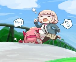  2girls :o black_shirt black_thighhighs bow brown_hair brown_skirt closed_eyes clouds crossover danganronpa_(series) danganronpa_2:_goodbye_despair day dress_shirt faceplant falling fingerless_gloves gloves green_jacket hair_bow hairband haru_urara_(umamusume) jacket kmnm_1403 multiple_girls nanami_chiaki neck_ribbon open_clothes open_jacket outdoors pink_ribbon pink_shoes pleated_skirt puff_of_air racing red_gloves red_hairband ribbon running shirt shirt_tucked_in shoes skirt spaceship_hair_ornament sweatdrop thigh-highs two-tone_shirt umamusume white_shirt 