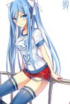  1girl aoki_hagane_no_arpeggio arpeggio_of_blue_steel blue_eyes blue_hair blue_legwear blush bow hair_bow long_hair looking_at_viewer luzi mole railing short_sleeves smile solo t-shirt takao_(aoki_hagane_no_arpeggio) thigh-highs very_long_hair white_background 