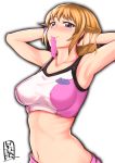  1girl absurdres adjusting_hair blue_eyes blush breasts gundam gundam_build_fighters gundam_build_fighters_try highres hoshino_fumina looking_at_viewer meicha mouth_hold navel orange_hair simple_background solo sports_bra white_background 
