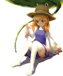  1girl blonde_hair dress hair_ribbon hat highres kotou_(ko-tou) leaf_umbrella long_sleeves moriya_suwako purple_dress ribbon ribbon-trimmed_sleeves ribbon_trim shirt sitting solo thigh-highs touhou white_legwear wide_sleeves yellow_eyes zettai_ryouiki 