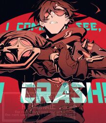  1boy arms_up clenched_teeth commentary_request cowboy_shot eyes_visible_through_eyewear gloves jacket leather leather_jacket lighter_(zenless_zone_zero) long_sleeves looking_at_viewer male_focus own_hands_together parted_hair scarf short_hair solo sota_cat spiked_jacket spikes sunglasses teeth watermark zenless_zone_zero 