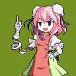  1girl :d aratami_isse bandages chain cuffs hand_on_hip ibaraki_kasen open_mouth pink_hair red_eyes shackles short_hair smile tabard touhou 
