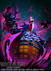  1boy ascot belt black_coat coat commentary_request copyright_name fingernails gecko_moria horns long_fingernails male_focus namahamu913 official_art one_piece one_piece_card_game open_mouth pointy_ears purple_hair sharp_teeth short_hair teeth white_ascot 