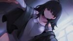  1girl bangs bare_shoulders black_eyes black_hair blush breasts ceiling closed_mouth coat cowlick highres hwaryeok indoors large_breasts long_hair looking_at_viewer pov solo thighs window 