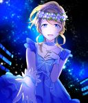  1girl ayase_eli blonde_hair blue_dress blue_eyes dress flower flower_on_head frilled_dress frills hair_ornament hand_on_own_chest long_hair looking_at_viewer love_live!_school_idol_project ponytail pov pov_eye_contact reaching scrunchie short_sleeves solo 