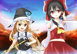  2girls :d ascot black_hair blonde_hair bow braid broom brown_eyes detached_sleeves gohei hair_bow hair_ribbon hair_tubes hakurei_reimu hat holding kirisame_marisa long_hair looking_at_viewer marimo_kei multiple_girls navel open_mouth red_eyes ribbon single_braid smile touhou wind witch_hat 