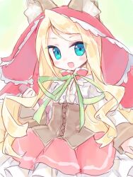  1girl animal_ears blonde_hair blue_eyes brown_corset corset emil_chronicle_online frilled_skirt frills green_background green_ribbon highres long_hair neck_ribbon necktie open_mouth red_hood red_skirt ribbon shirt shugoma_shimotsuki skirt white_shirt wolf_ears yusa_yuyu 