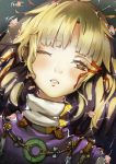  1girl blonde_hair dutch_angle floating gan_ma hair_ribbon highres jewelry looking_at_viewer lying moriya_suwako necklace no_hat on_back one_eye_closed parted_lips petals portrait ribbon shirt solo touhou tress_ribbon turtleneck vest water white_shirt wince yellow_eyes 