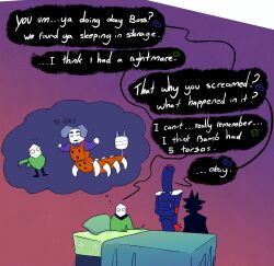  ... :t arthropod_boy bags_under_eyes bellhop_uniform buttons centipede_boy chibi closed_eyes confused deltarune double-breasted electric_plug electric_plug_tail faceless facial_hair gangster goatee_stubble gradient_background green_pippins green_poncho hat highres holding_own_arm imagining living_shadow on_bed pillow ramb_(deltarune) remembering shadowguy_(deltarune) sitting stubble tail talking thewolfisyou uncomfortable werewire zapper_(deltarune) 