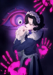  1girl adversarial_noise apron artist_name black_hair blanket blue_dress dark_background dress finger_to_mouth from_above from_side hand_up handprint highres holding holding_blanket index_finger_raised klaukezia maid_headdress making-of_available pink_eyes reverse:1999 short_hair shushing smile solo swaddled tuesday_(reverse:1999) upper_body white_apron 