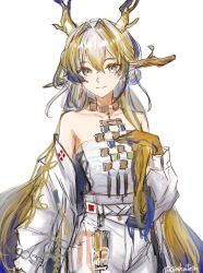  1girl arknights bare_shoulders blonde_hair blue_eyes blue_hair breasts closed_mouth coat colored_extremities colored_skin commentary cowboy_shot double-parted_bangs dragon_girl dragon_horns earrings eastern_dragon_horns eyeliner grey_hair hair_between_eyes hair_intakes highres horns jewelry long_hair looking_at_viewer makeup multicolored_hair multicolored_skin necklace off_shoulder open_clothes open_coat orange_eyeliner pants sakutein_oekaki shirt shu_(arknights) simple_background sketch small_breasts smile solo standing strapless streaked_hair tassel tassel_earrings tube_top twitter_username very_long_hair white_background white_coat white_pants white_shirt white_tube_top yellow_skin 