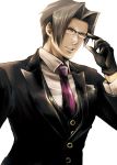  1boy adjusting_glasses bangs black_gloves formal glasses gloves grey_hair gyakuten_saiban male mitsurugi_reiji necktie parted_bangs solo suit white_background yumi_(soak1111) 