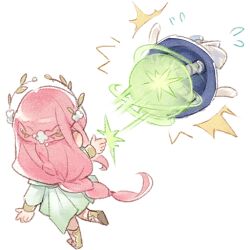  1girl ^^^ artist_request attack battle braid brown_sandals buttons chibi dress energy_ball esseling_(infinity_nikki) flower flying_sweatdrops from_behind game_cg green_dress hair_flower hair_ornament half_up_half_down_braid infinity_nikki laurel_crown lonely_sack_(infinity_nikki) long_hair long_sleeves low-tied_long_hair medium_dress nikki_(nikki) nikki_(series) official_art pink_hair pleated_dress puffy_long_sleeves puffy_sleeves sandals shield transparent_background very_long_hair white_flower wind_of_purity_(infinity_nikki) 