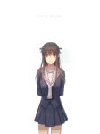  1girl arms_behind_back blue_skirt brown_hair copyright_name cowboy_shot english fruits_basket honda_tooru long_hair necktie school_uniform serafuku skirt solo tg_(ttague) violet_eyes white_background 