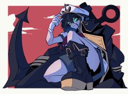  1girl anchor anchor_earrings anchor_symbol black_boots black_coat boots border coat coat_on_shoulders duojiaomaotou-tougarashi earrings gloves green_eyes grin hand_on_headwear hat highres jewelry looking_at_viewer murasa_minamitsu neckerchief outside_border red_background red_neckerchief shirt short_hair short_sleeves shorts simple_background smile solo squatting touhou white_border white_gloves white_hat white_shirt white_shorts 