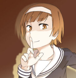  1girl a_certain_high_school_uniform black_shirt brown_background brown_eyes brown_hair closed_mouth commentary_request hairband hand_up index_finger_raised long_sleeves looking_at_viewer mob_(toaru_majutsu_no_index) monochrome_background sailor_collar school_uniform serafuku shirt short_hair simple_background smile solo toaru_majutsu_no_index upper_body white_hairband white_sailor_collar winter_uniform yakutashi 