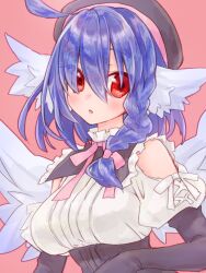  1girl ahoge animal_ears bare_shoulders beret bird_ears black_capelet black_corset black_gloves black_hat blue_hair braid capelet clothing_cutout corset elbow_gloves emil_chronicle_online fluffy frilled_capelet frills gloves hat highres looking_at_viewer neck_ribbon pink_ribbon red_eyes ribbon shoulder_cutout shugoma_ran upper_body white_wings wings yusa_yuyu 