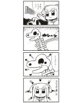  1girl 4koma :3 bkub bone comic crying dinosaur dog heart highres monochrome payot poptepipic popuko school_uniform serafuku simple_background throwing translated two_side_up 