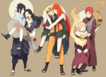  3boys 3girls black_hair blonde_hair carrying closed_eyes flower forehead_protector gaara gourd karura_(naruto) long_hair mother_and_son multiple_boys multiple_girls naruto naruto_shippuuden oba-min piggyback princess_carry redhead sand short_hair smile uchiha_mikoto uchiha_sasuke uzumaki_kushina uzumaki_naruto 