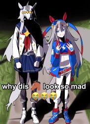  2girls absurdres animal_ears bow daaku_(koizumi_arata) ear_bow ear_covers ear_ornament hair_between_eyes highres horse_ears horse_girl horse_tail horseshoe_ornament meme multicolored_hair multiple_girls oguri_cap_(umamusume) tail tamamo_cross_(umamusume) umamusume why_dis_ninja_look_so_mad_(meme) 